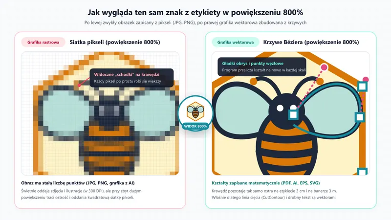 Ten sam znak powiększony 800%: w grafice rastrowej widać piksele, w wektorowej krawędź zostaje gładka