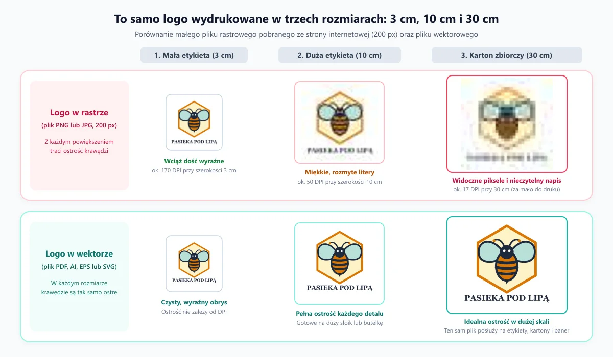Logo w grafice rastrowej traci ostrość przy powiększaniu, w wektorowej pozostaje ostre w każdym rozmiarze