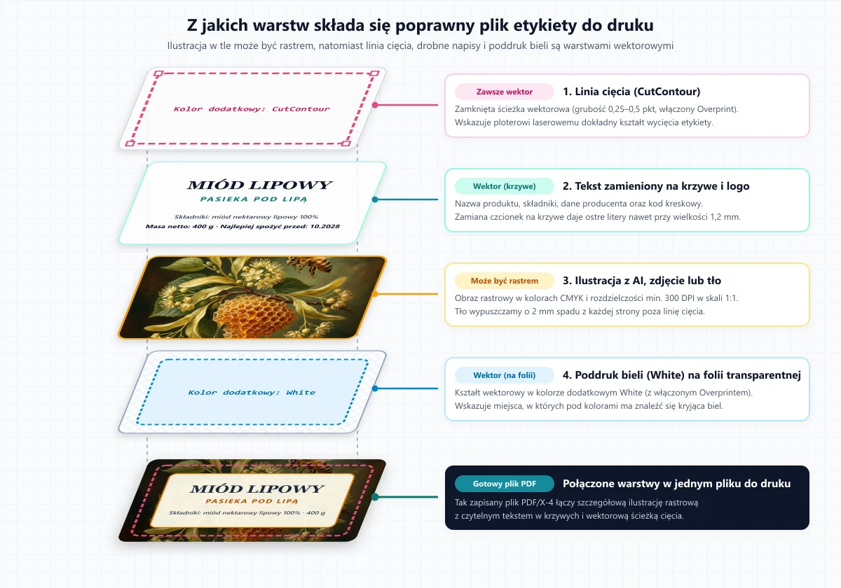 Plik etykiety rozłożony na warstwy: ilustracja rastrowa, tekst w krzywych, linia cięcia CutContour i warstwa bieli