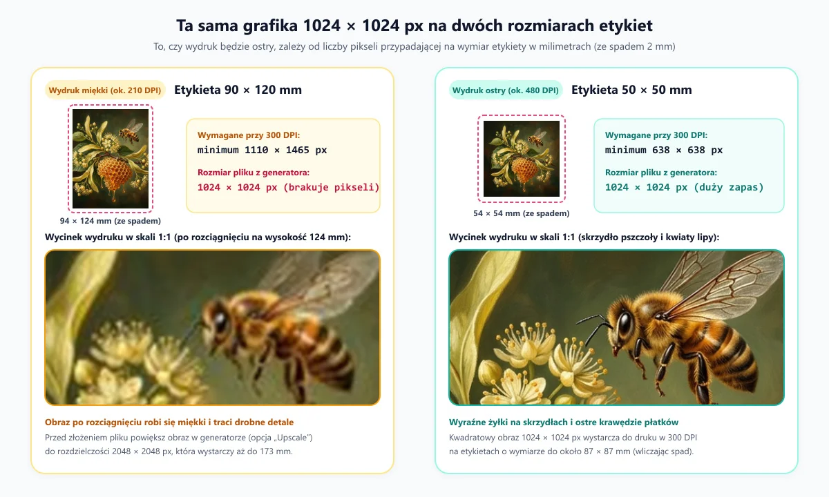 Grafika 1024 × 1024 px na etykiecie 50 × 50 mm jest ostra, na 90 × 120 mm traci szczegóły