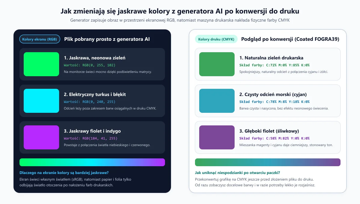 Jaskrawe kolory z generatora AI w przestrzeni RGB i ich wygląd po konwersji na CMYK do druku
