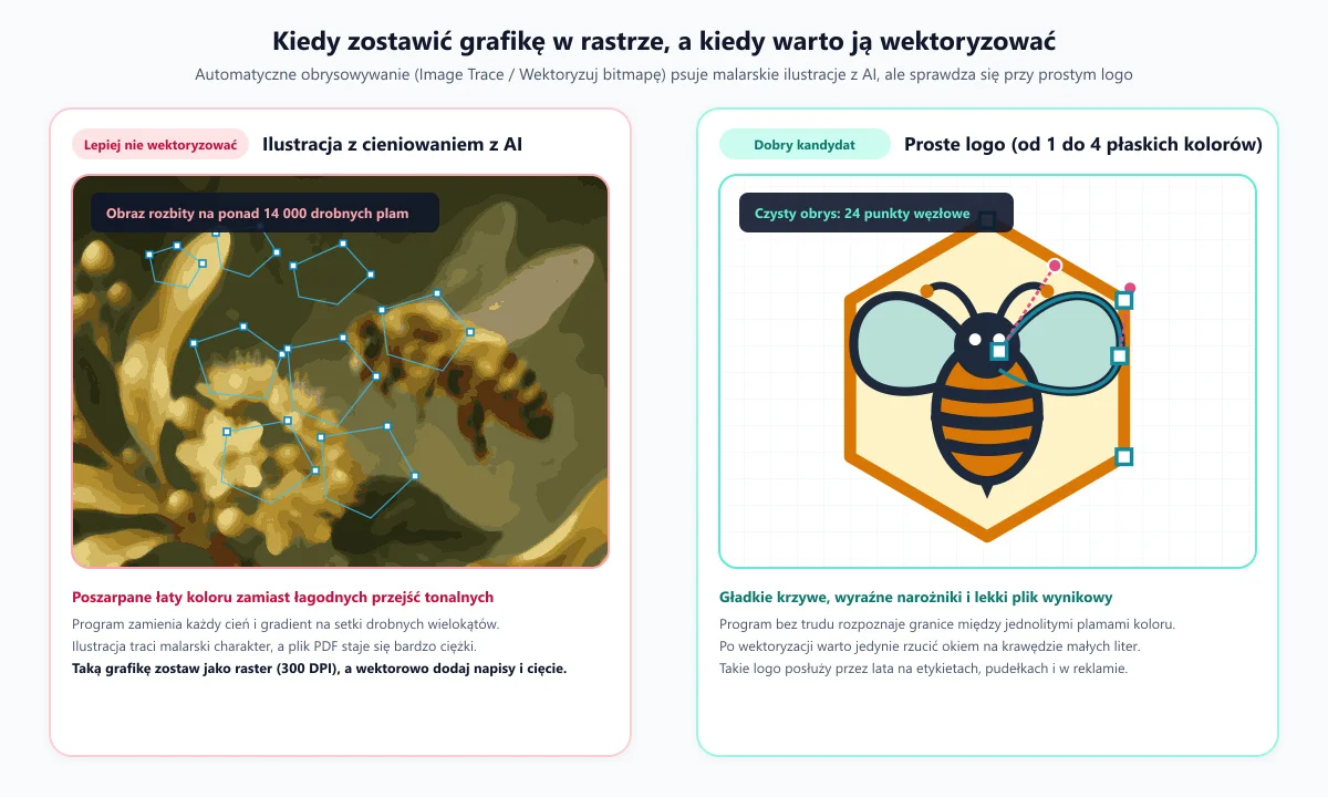 Wektoryzacja: proste logo zamienia się w czyste krzywe, ilustracja z cieniowaniem rozpada się na plamy